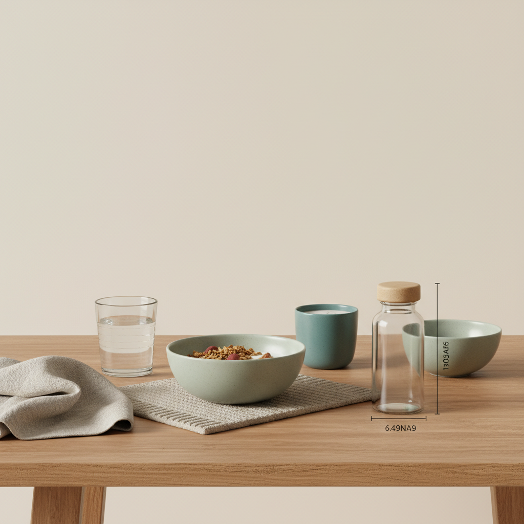 pflanzlich vollwertig Frühstück in minimalistischer Morgenküche mit Granola, pflanzlichem Joghurt, Nüssen und Shake auf nachhaltigem Holztisch