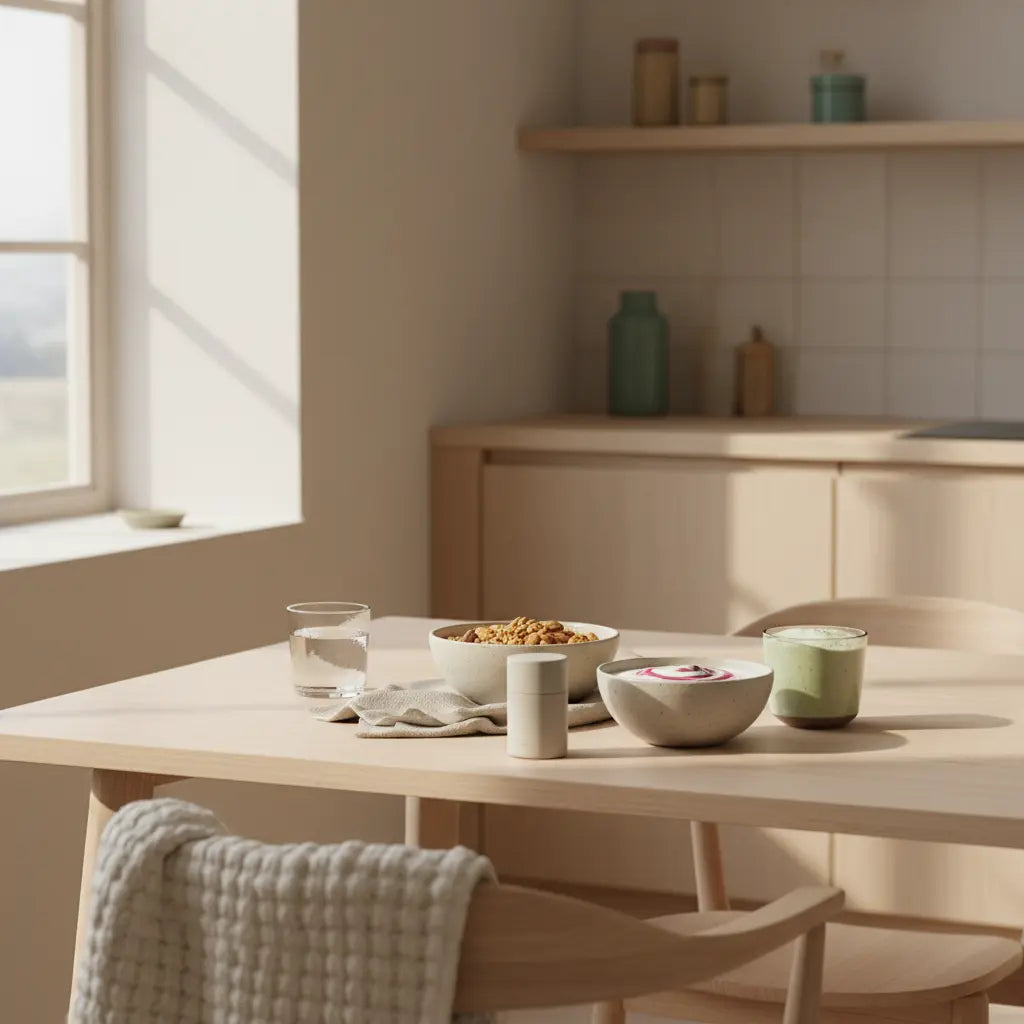 Veganer Frühstückstisch mit Granola, Joghurt, Nüssen und Shake als pflanzliche Eiweißquellen in minimalistischer, nachhaltiger Küche im Morgenlicht.