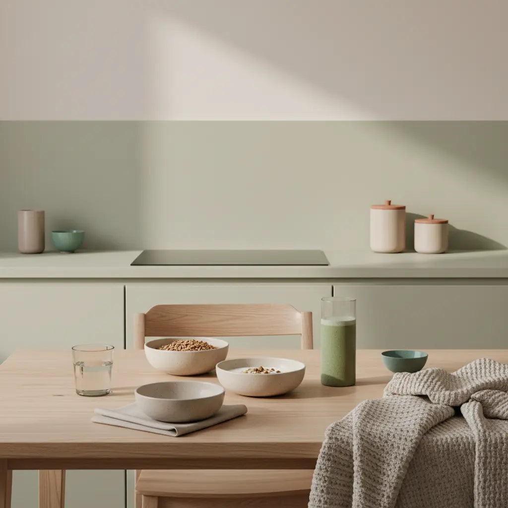 Minimalistische Küchentafel mit veganem Frühstück: Granola, Joghurt, Nüsse und pflanzlicher Shake – ruhige, erdige Farben, Fokus auf pflanzliche eiweißquellen.
