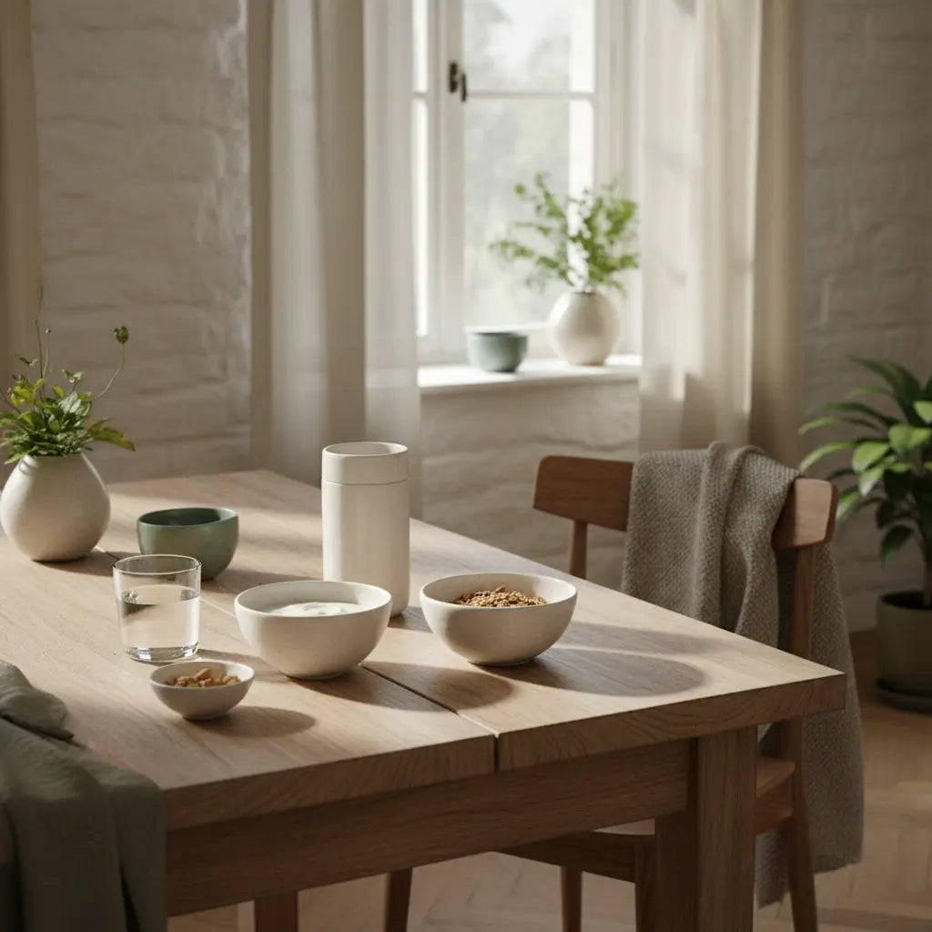 Minimalistisches Frühstück mit Granola, Pflanzenjoghurt, Nüssen und Shake auf nachhaltigem Tisch im Morgenlicht, ruhige erdige Farbpalette; pflanzliche eiweißquellen.