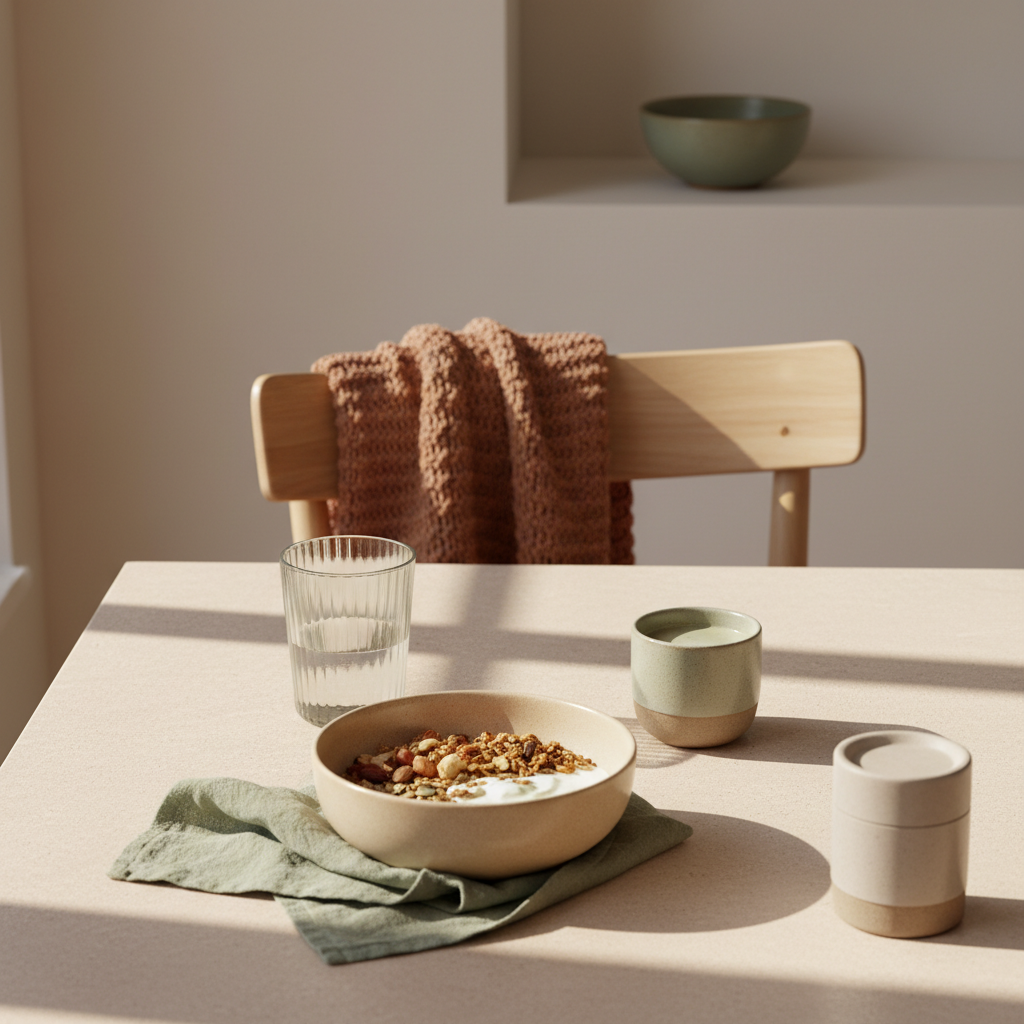 Minimalistisches Frühstück mit Granola, Pflanzenjoghurt, Nüssen, Pflanzendrink und Shaker in einer europäischen Küche bei Morgenlicht, Fokus auf pflanzliche eiweißquellen.