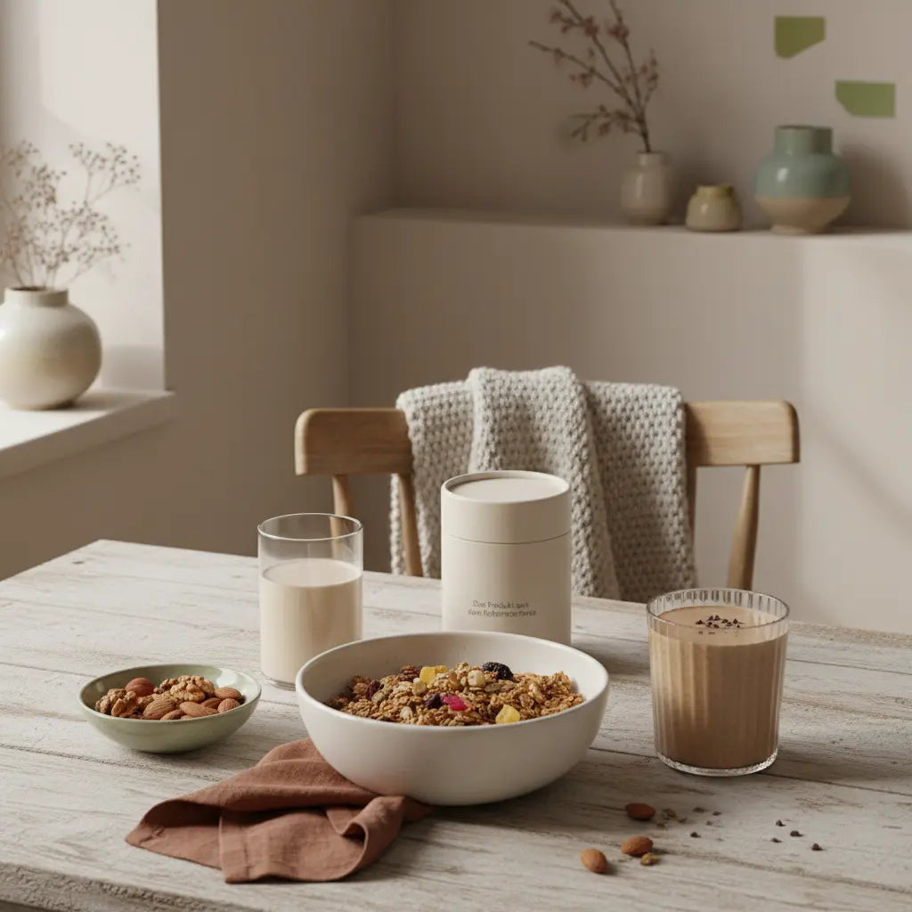 Minimalistisches veganes Frühstück mit Granola, Pflanzendrink, Nüssen und Shake auf nachhaltigem Tisch – pflanzliche lebensmittel in ruhigen, erdigen Farbtönen.
