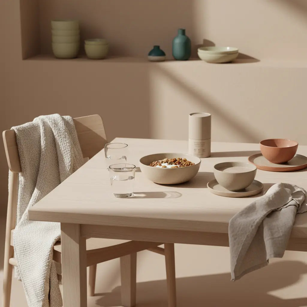 Ruhige Morgenküche mit Granola, pflanzlichem Joghurt, Nüssen, Shake und dem Produkt aus den Referenzfotos auf Holztisch — pflanzliche Mittel zum Abnehmen