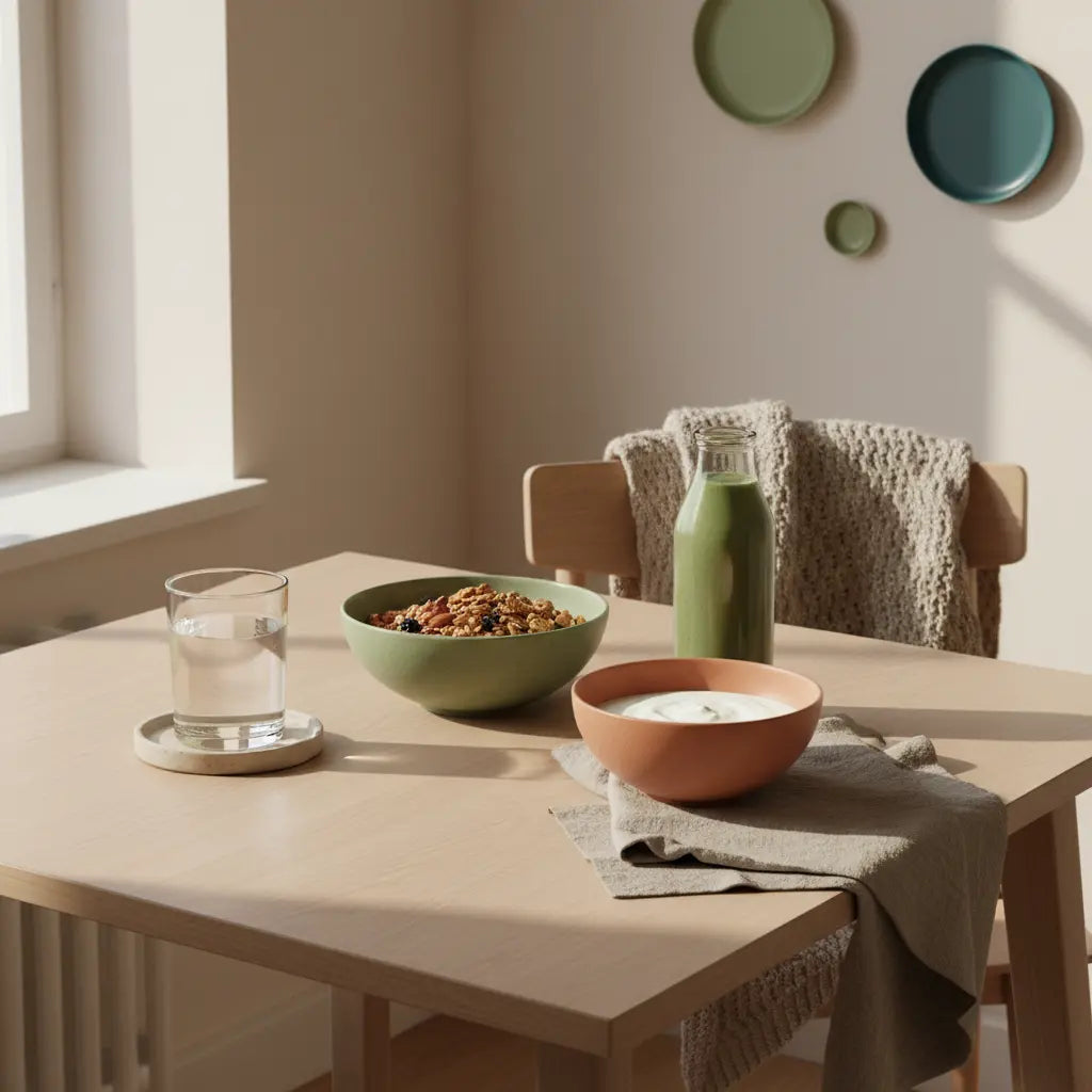 Minimalistisches Frühstück mit Granola, Joghurt, Nüssen und veganem Shake auf nachhaltigem Tisch in einer europäischen Küche, betont pflanzliche proteinquellen.