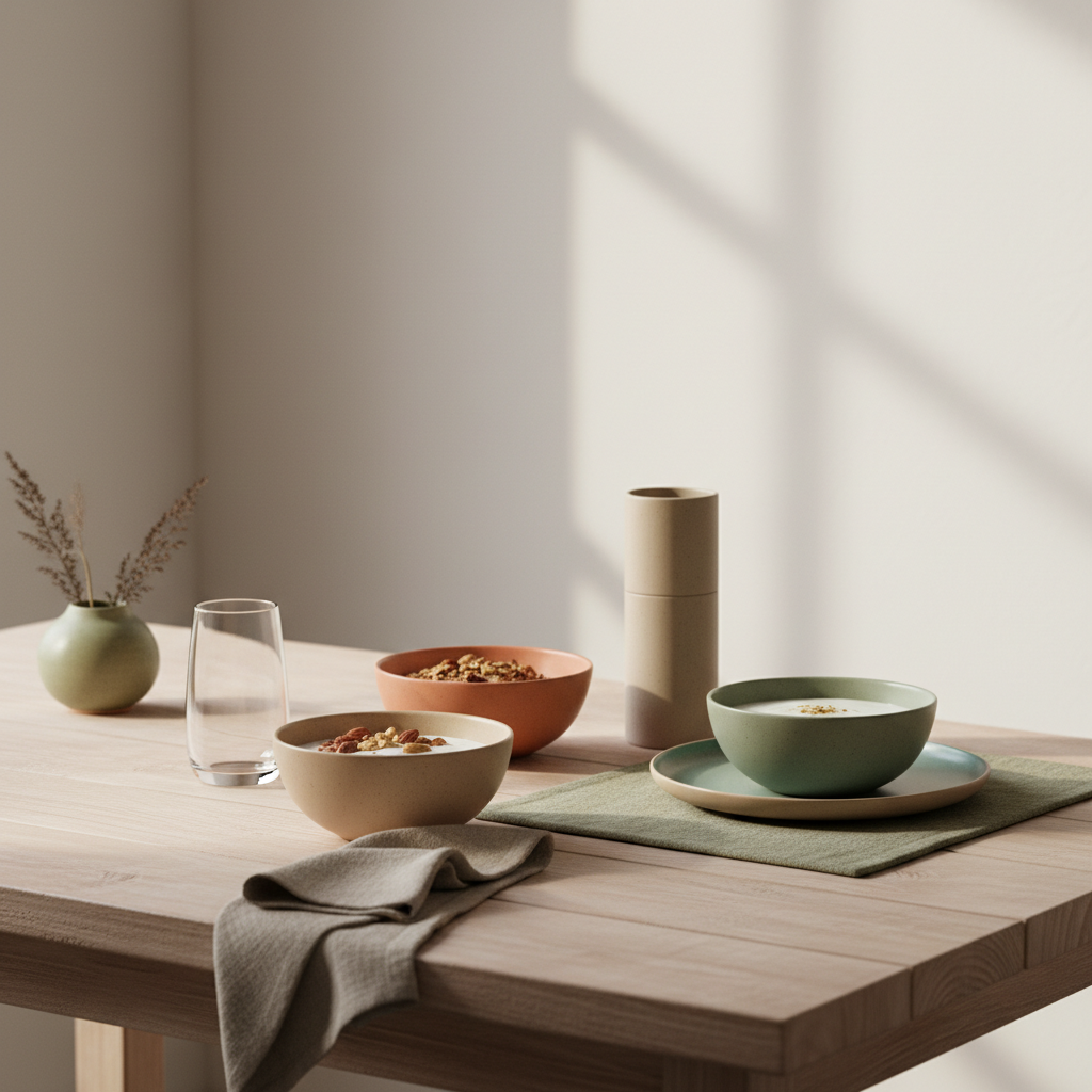 Minimalistischer Frühstückstisch mit pflanzlicher Vollwertkost: Granola, pflanzlicher Joghurt, Nüsse und Shake in Keramikschalen in einer hellen europäischen Küche