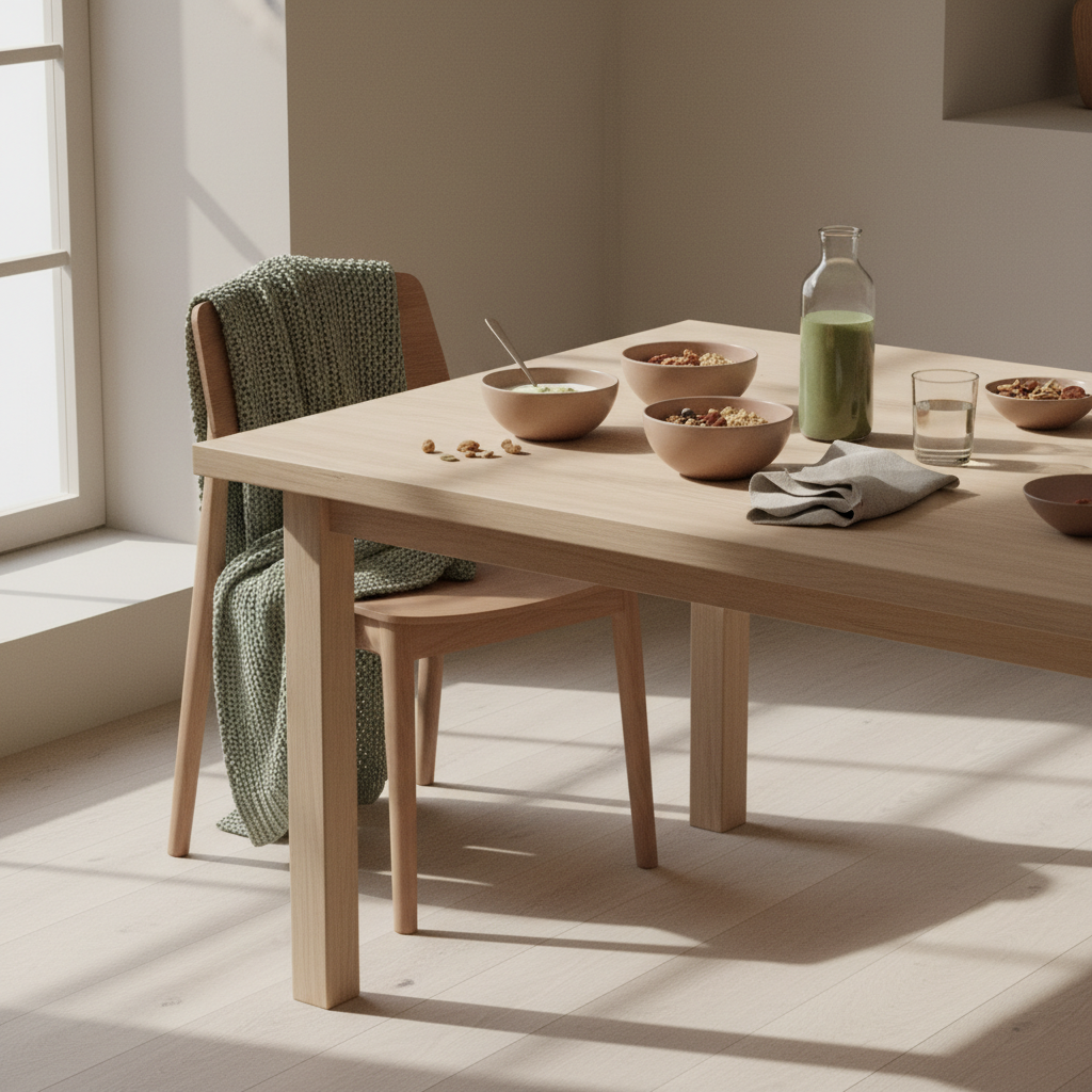 Minimalistisches Frühstück mit Granola, pflanzlichem Joghurt, Nüssen und Shake auf nachhaltigem Tisch in einer europäischen Küche, ruhige Morgenstimmung, Fokus auf pflanzliches eiweiß