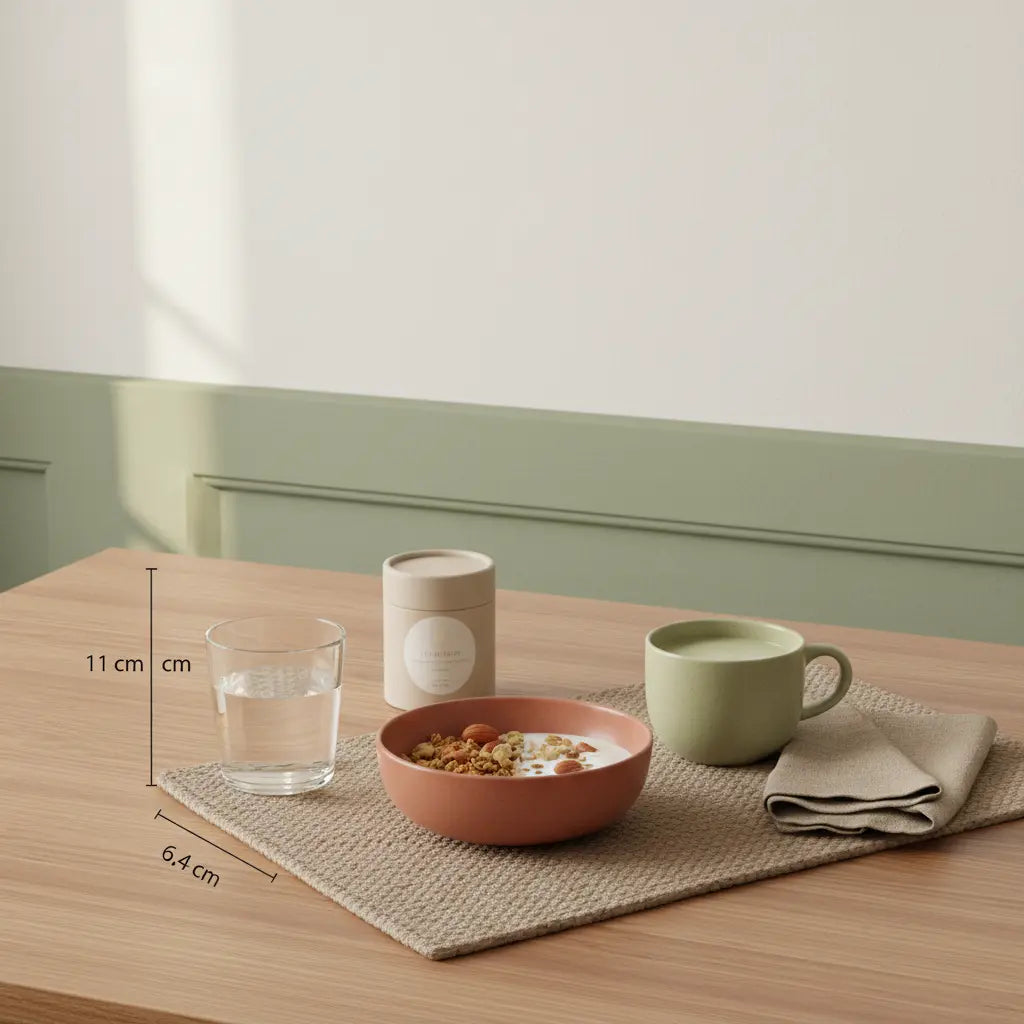 Minimalistisches Frühstück mit Granola, Pflanzenjoghurt, Nüssen und pflanzliches eiweiß Shake in europäischer Küche vor pastellbeigem Hintergrund #F7EDE6