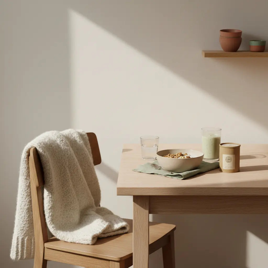 Minimalistisches Frühstück in europäischer Küche mit Granola, pflanzlichem Joghurt, Nüssen und Shake neben dem Produkt aus Referenzfotos – ruhige erdige Töne, pflanzliches Protein.