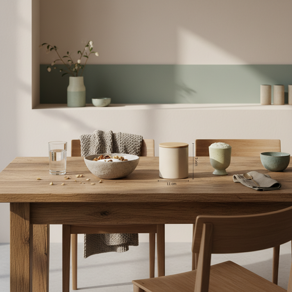 Minimalistisches Frühstück in europäischer Küche mit Granola, pflanzlichem Joghurt, Nüssen und Shake auf nachhaltigem Tisch im Morgenlicht, Fokus auf pflanzliches protein