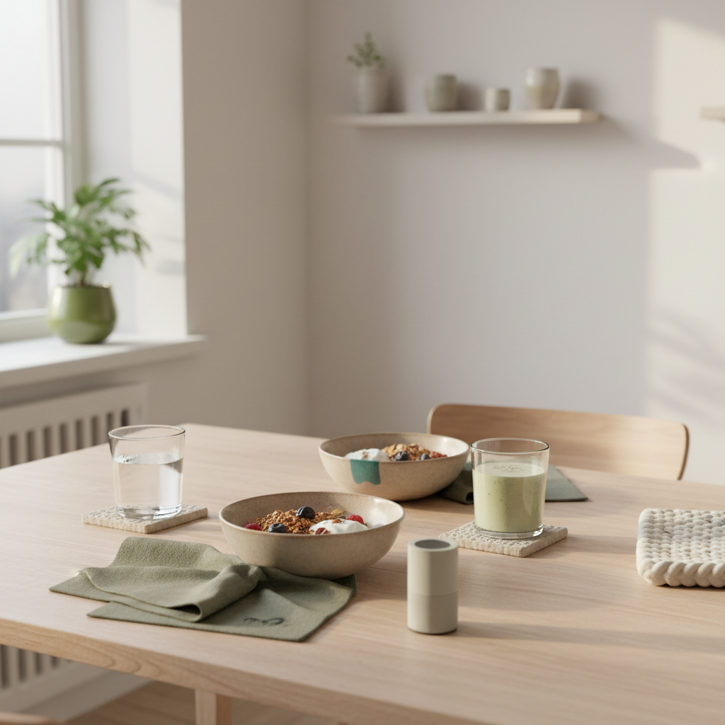 Minimalistisches Frühstück mit veganem Joghurt, Granola, Nüssen und einem Produkt auf nachhaltigem Tisch – pflanzliches protein nachteile