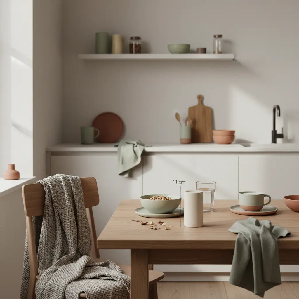 Minimalistisches Frühstück mit Granola, pflanzlichem Joghurt, Nüssen und Shake auf nachhaltig gedecktem Tisch, das Produkt aus den Referenzfotos sichtbar — pflanzliches protein vermeiden