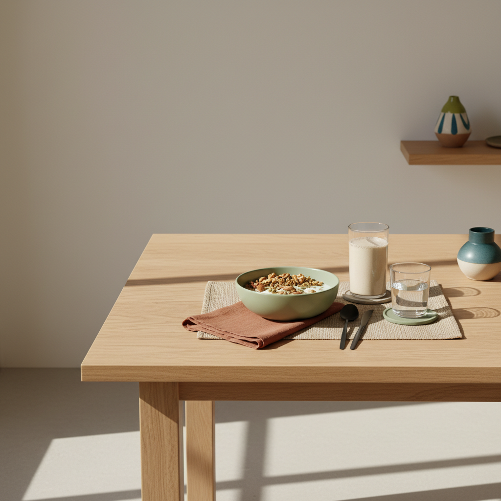 Minimalistische Frühstücksszene mit Granola, Joghurt, Nüssen und Shake in einer europäischen Küche, nachhaltige Texturen und Akzentfarben – plätzchen kalorien