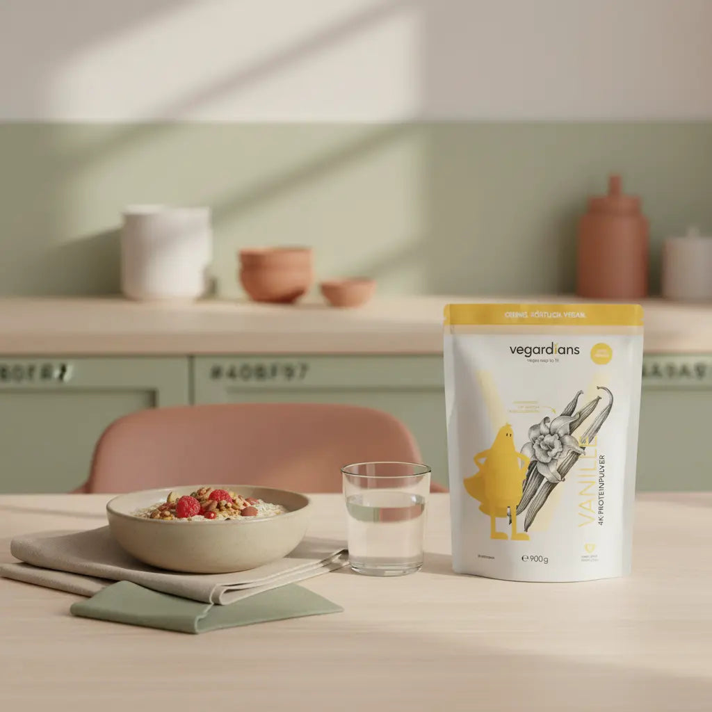 Minimalistisches Frühstück auf Holztisch mit Glas Wasser, Haferflocken, Nüssen, Beeren und klarer Flasche (Das Produkt aus den Referenzfotos) im sanften Morgenlicht – passend zu plötzliche gewichtszunahme