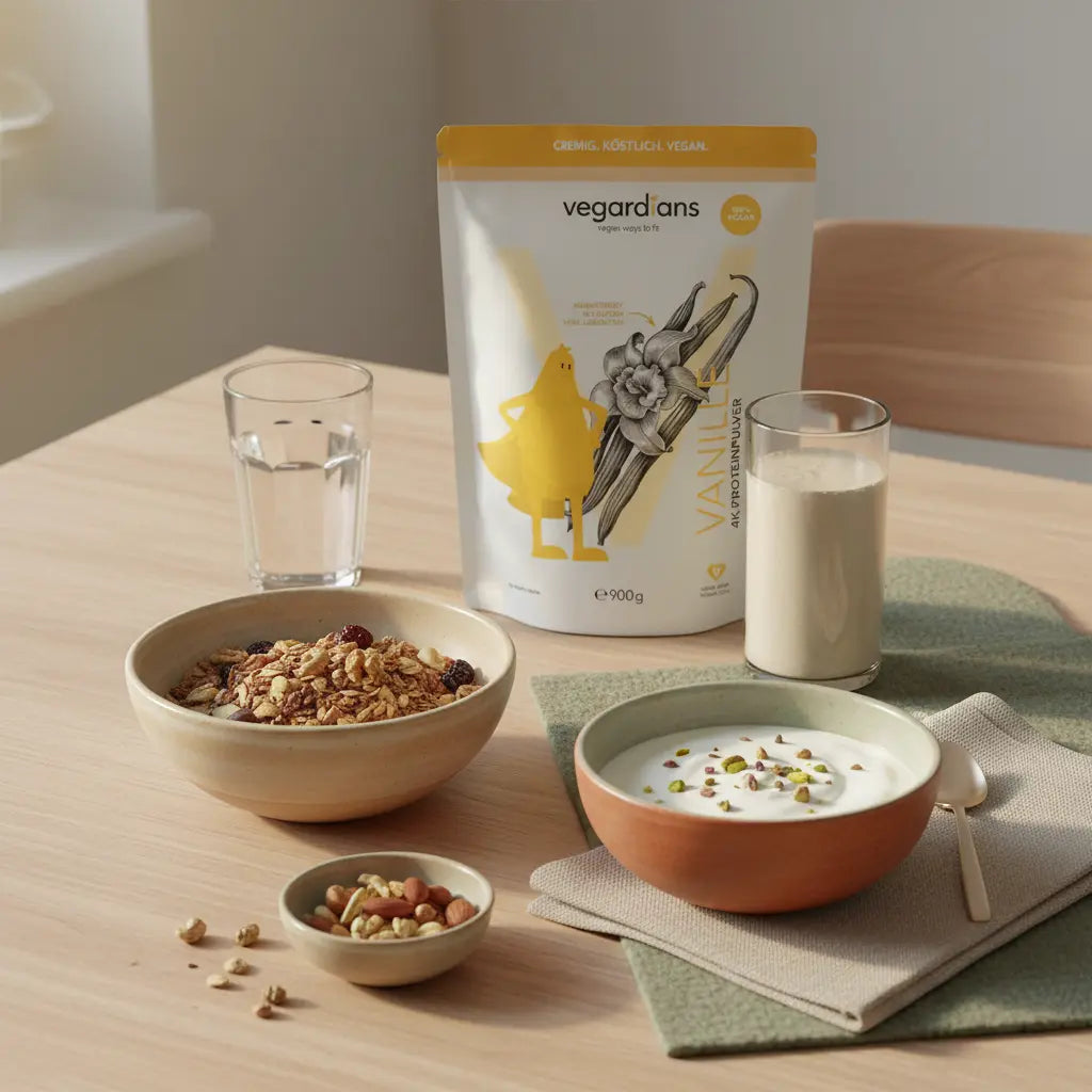 Minimalistische Küchenszene mit veganen Pre-Workout Snacks: Müsli, Sojajoghurt, Nüsse und Proteinshake auf nachhaltigem Tisch in sanftem Morgenlicht