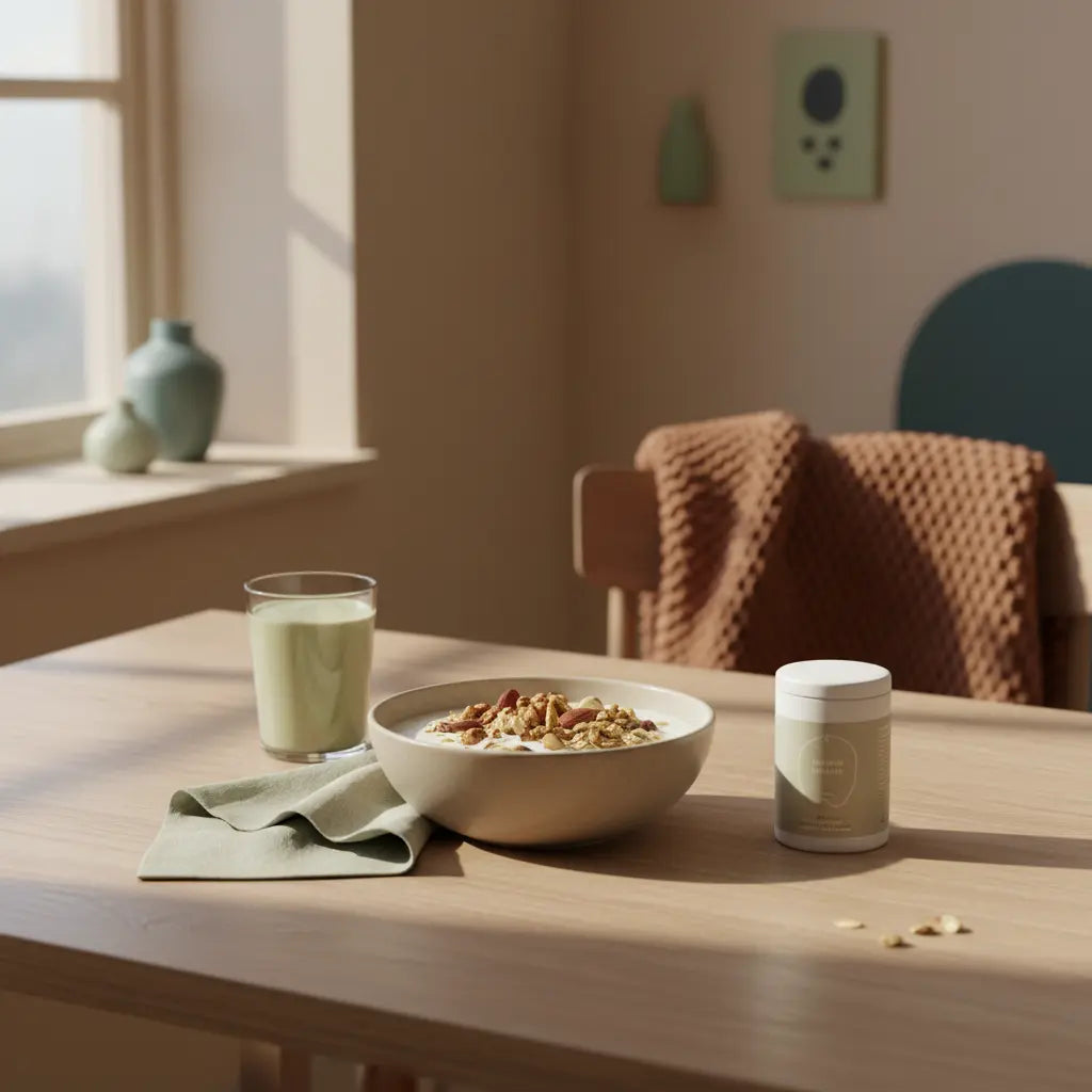 Morgendliches minimalistisches Frühstück mit Müsli, pflanzlichem Joghurt, Nüssen, Shake und Produkt aus Referenzfotos auf Holztisch im warmen Licht – probiotika zum abnehmen