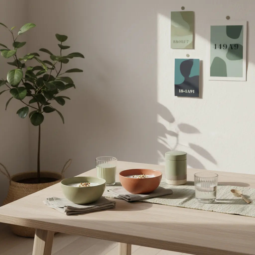 Veganes Frühstück mit Granola, pflanzlichem Joghurt, Nüssen und Shake auf nachhaltigem Tisch in ruhiger Morgenstimmung – Proteinbedarf vegan.