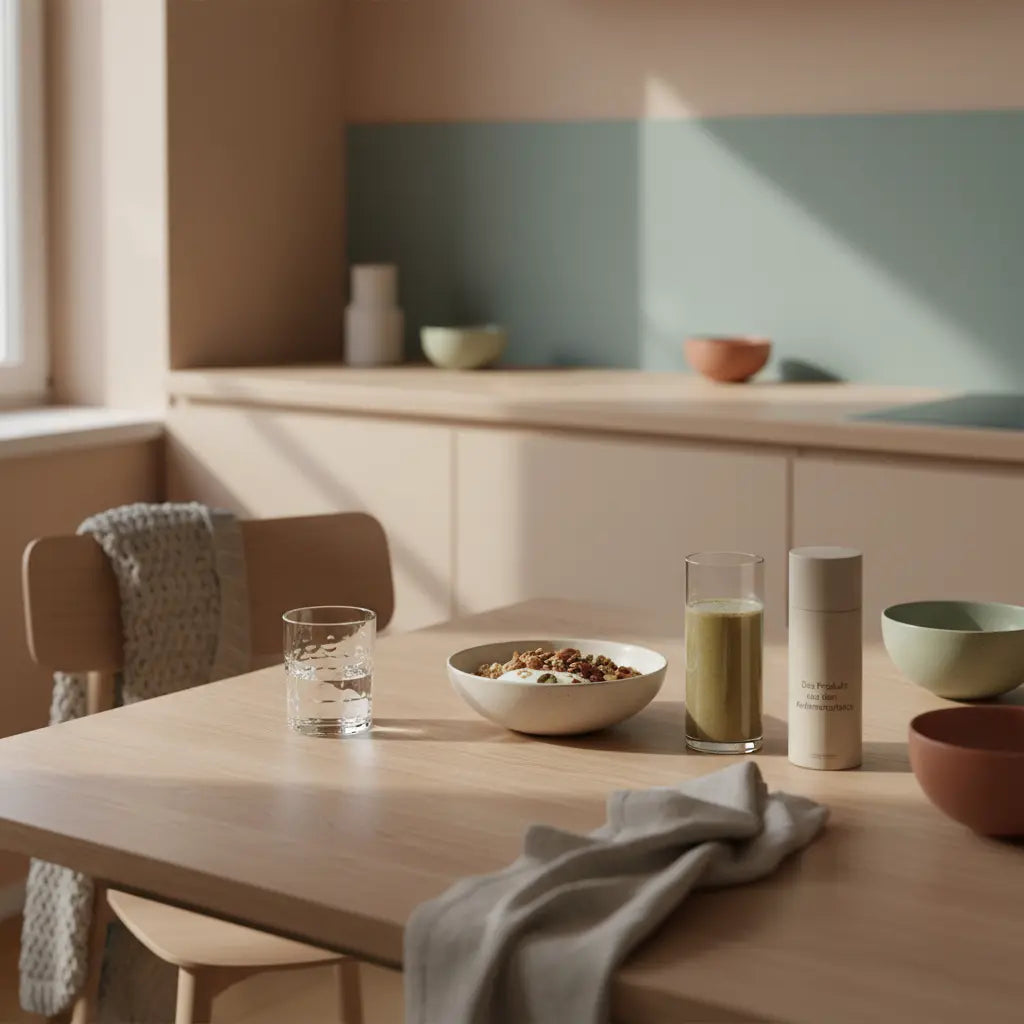 Minimalistisches Frühstück mit Granola, Joghurt, Nüssen und Shake auf nachhaltig gedecktem Tisch in europäischer Küche im Morgenlicht, proteinbedarf vegetarier 70g