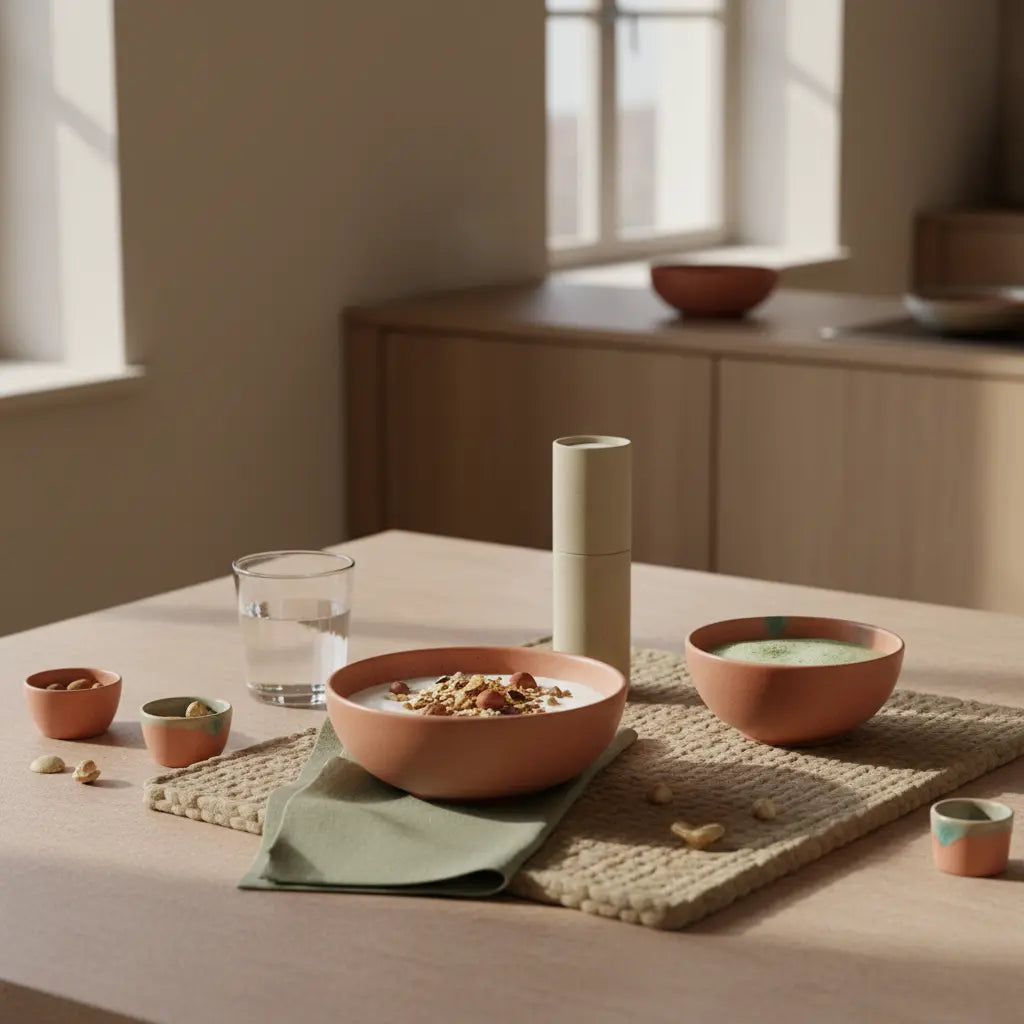 Minimalistisches vegetarisches Frühstück mit Granola, pflanzlichem Joghurt, Nüssen und Shake in einer europäischen Küche bei Morgenlicht, bewusst nährend — proteinbedarf vegetarier