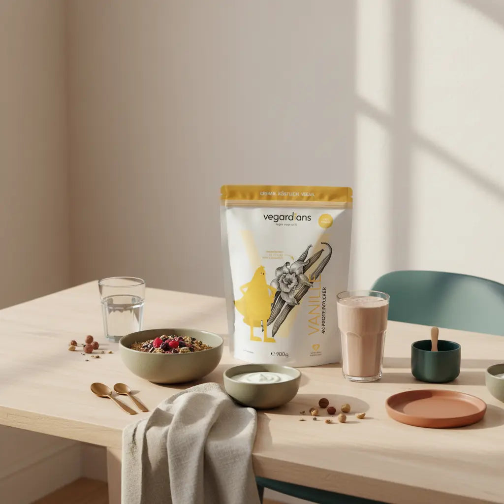 Minimalistische Frühstücksszene in europäischer Küche mit Müsli, Joghurt, Nüssen und Shake auf nachhaltigem Tisch – proteinreiche Nahrung abnehmen durch ausgewogene vegane Mahlzeit