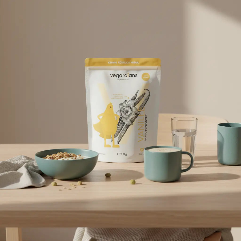 Proteinshake Muskelaufbau: Keramikbecher mit proteinreichem Shake neben Müsli, pflanzlichem Joghurt, Nüssen und Glas Wasser auf nachhaltigem Holztisch im Morgenlicht