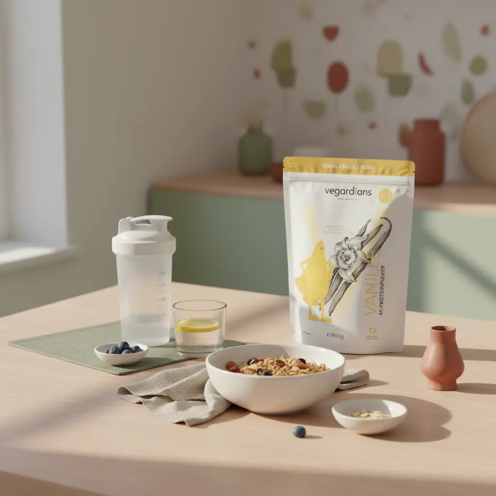 Minimalistische Frühstücksszene mit nachhaltigem Holztisch, Müsli, Glas Wasser, offenem pflanzlichem Proteinpulver und geschlossenem Shaker – Proteinshakes Muskelaufbau