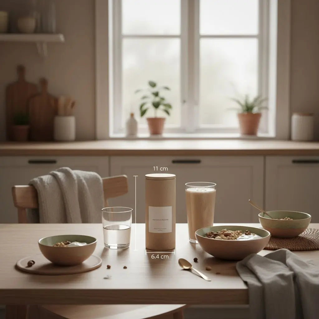 Veganer Shake mit Granola, Joghurt und Glas Wasser auf minimalistischem Tisch in europäischer Küche bei Morgenlicht, winterliche Woll‑ und Leinenakzente – Proteinshakes zum Abnehmen