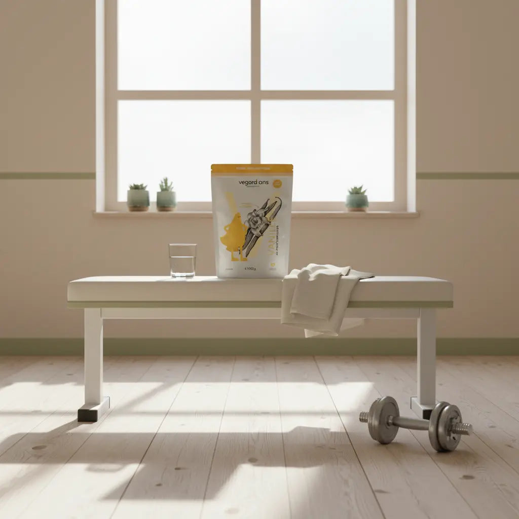 Minimalistische Gym-Szene mit Hantelbank, Kurzhanteln, gefaltetem Handtuch und Wasserglas im weichen Morgenlicht; Brand-Farben #F7EDE6 #B0BF71 #4A9A9E – psychische Wirkung von Sport