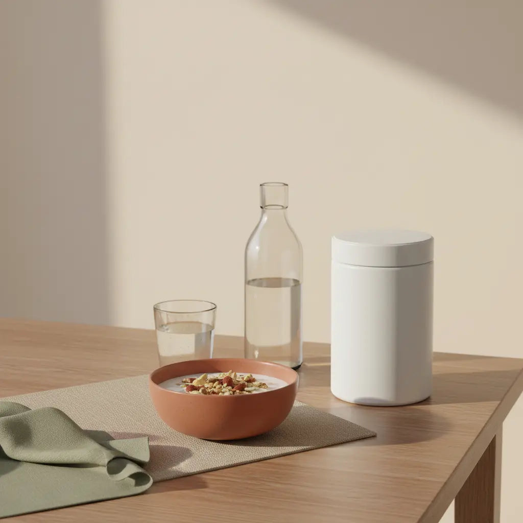 Minimalistische Morgen-Küchenszene auf nachhaltigem Holztisch mit Wasserglas, Hafer‑Joghurt mit Nüssen, Wasserflasche und geschlossenem Protein‑Becher (Produkt aus Referenzfotos). realistisch in 4 Wochen abnehmen