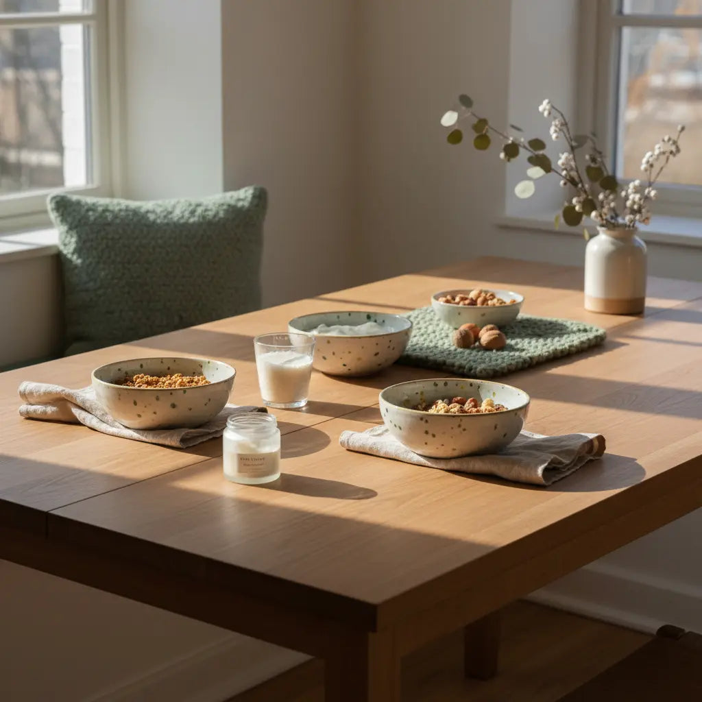 Veganer Frühstückstisch in europäischer Küche bei Morgenlicht mit Keramikschalen, Shake und Leinenservietten – themenbild zu Reis und Muskelaufbau