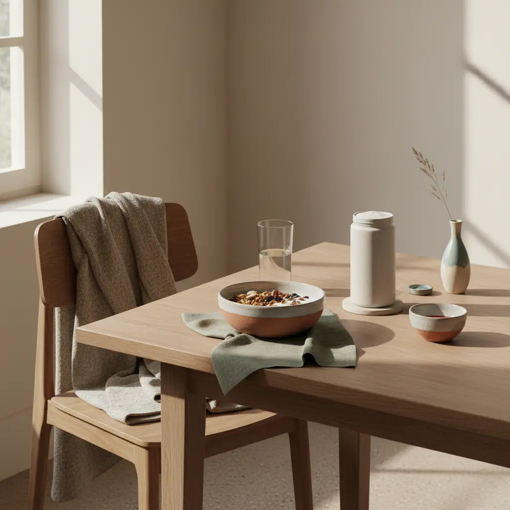 Saftkur Leber – minimalistisches Frühstück in europäischer Küche mit Granola, veganem Joghurt, Nüssen und Shake auf nachhaltigem Geschirr, warme erdige Töne.