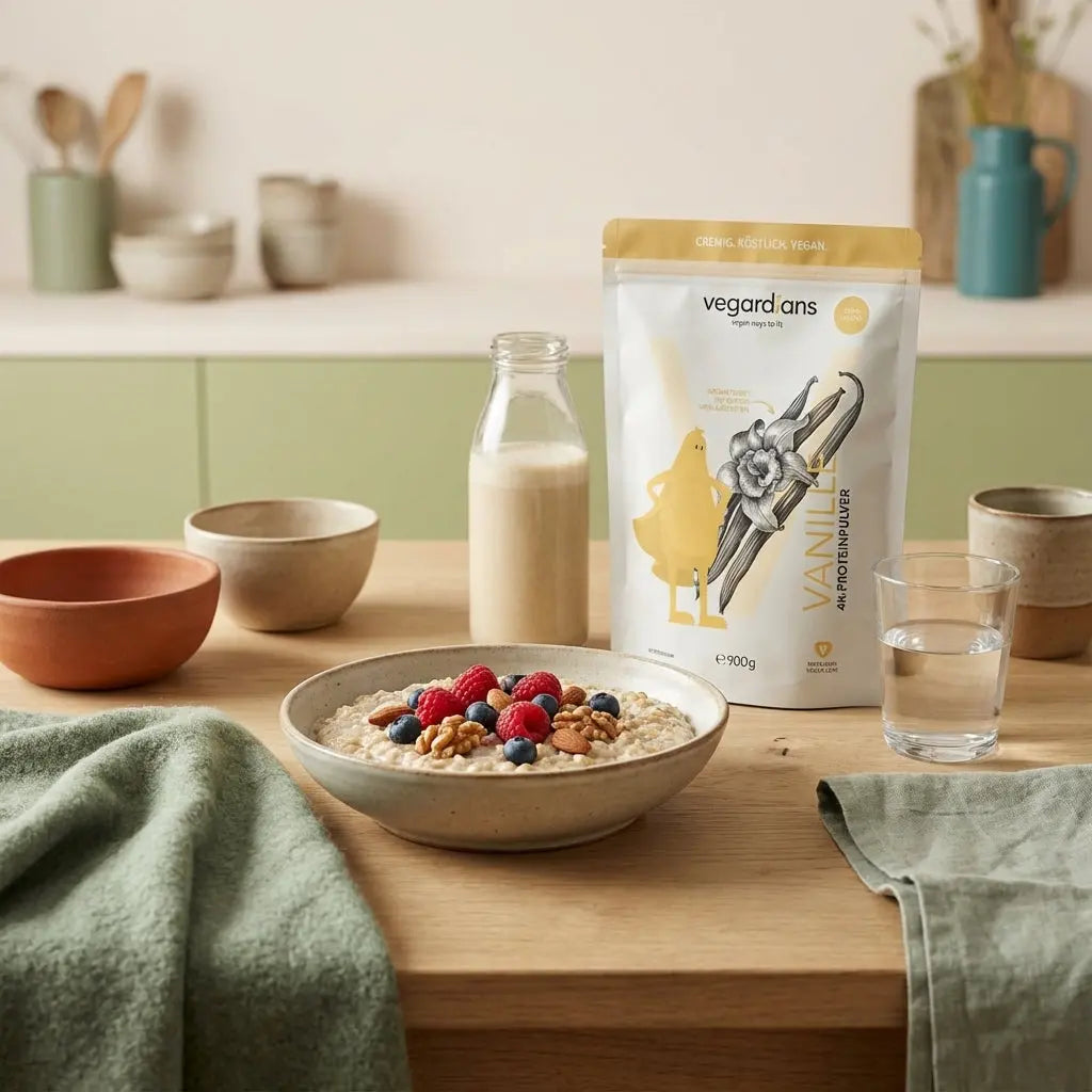 Morgendliche europäische Küchenszene mit Porridge, Beeren, Nüssen und Shake in erdigen Tönen, minimalistisches nachhaltiges Setting – sättigende Lebensmittel