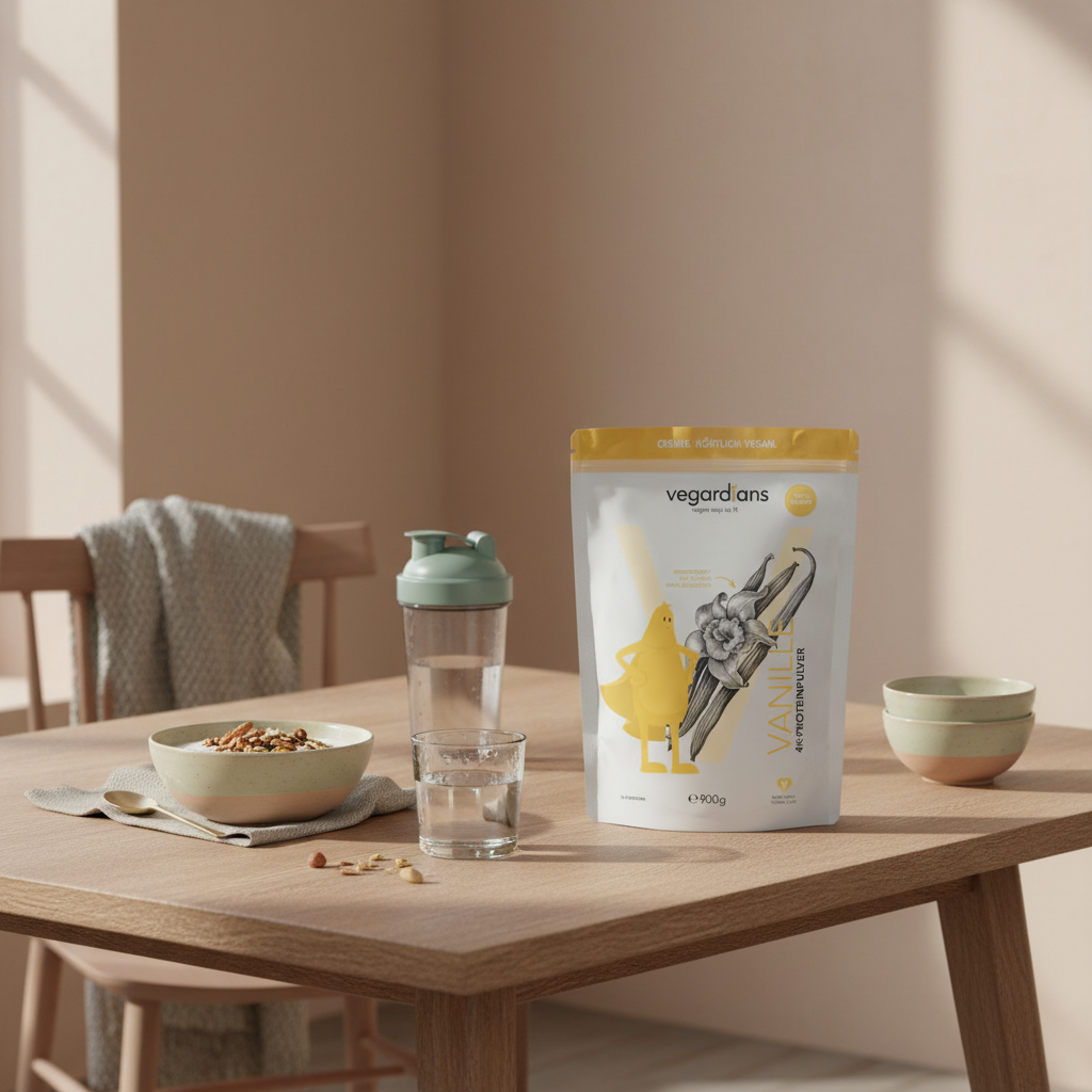 Minimalistisches Frühstück mit pflanzlichem Joghurt, Müsli, Nüssen, Shake und Vegardians-Produkt auf Holztisch im Morgenlicht – bewusstes Essen für schnell abnehmen ohne jojo-effekt