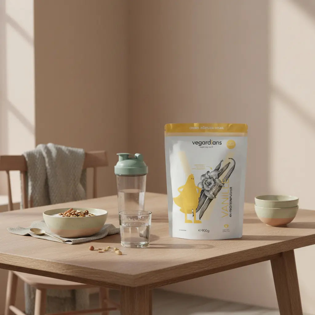 Minimalistisches Frühstück mit pflanzlichem Joghurt, Müsli, Nüssen, Shake und Vegardians-Produkt auf Holztisch im Morgenlicht – bewusstes Essen für schnell abnehmen ohne jojo-effekt