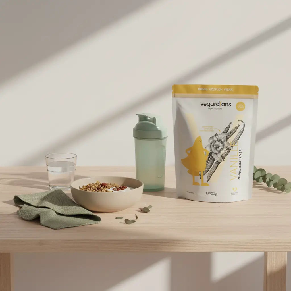 Veganes proteinreiches Frühstück mit Müsli, Joghurt, Nüssen und Proteinshake auf nachhaltigem Holztisch im Morgenlicht – inspirierend für schnell fett verlieren