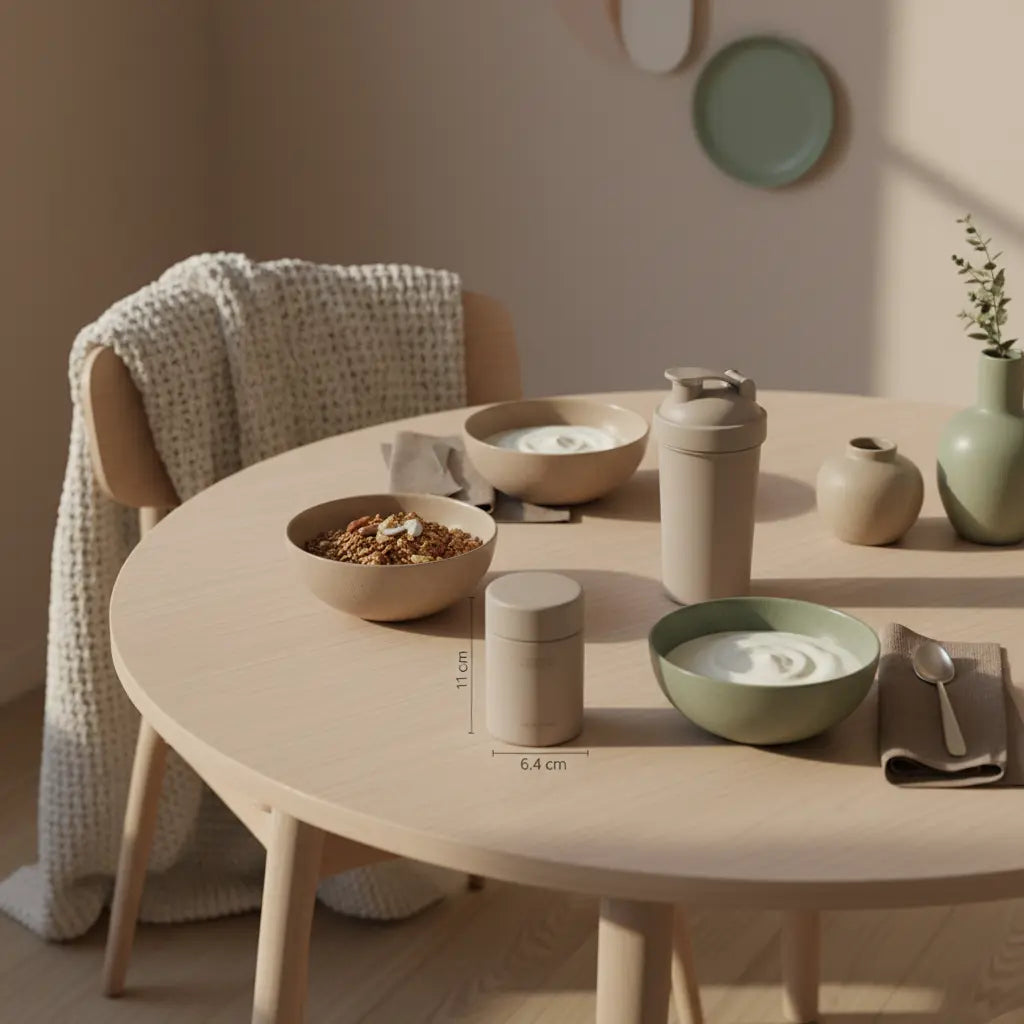 Veganer Frühstückstisch mit Granola, Pflanzenjoghurt, Nüssen, Shake und Produkt aus den Referenzfotos im sanften Morgenlicht – schnell fit werden.