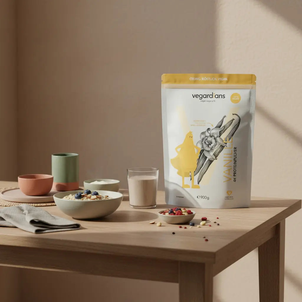 Veganes Frühstück auf nachhaltigem Holztisch mit Haferflocken, pflanzlichem Joghurt, Beeren, Nüssen und Proteinshake im sanften Morgenlicht – schnell körperfett verlieren