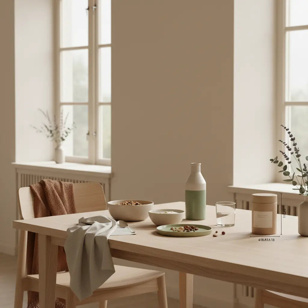 Minimalistisches veganes Frühstück mit Granola, pflanzlichem Joghurt, Nüssen und Shake neben dem Produkt aus den Referenzfotos, ruhige Morgenstimmung, förderlich für schnellen Muskelaufbau