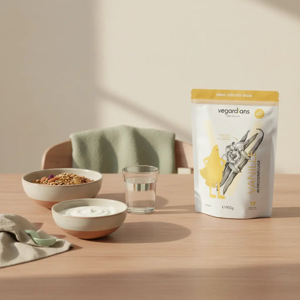 Morgendliche vegane Frühstücksszene auf Holztisch mit Müsli, pflanzlichem Joghurt und Wasserglas in warmem Morgenlicht, achtsame Atmosphäre für schneller Gewichtsverlust