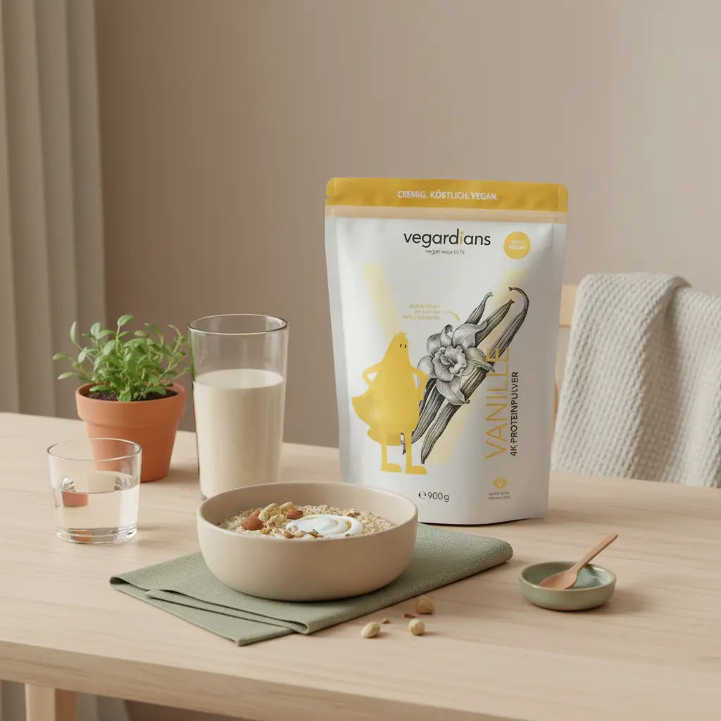 Minimalistische Frühstücksszene mit Shake, Bowl und Glas Wasser auf Holztisch im Morgenlicht, geeignet für Shakes zum Abnehmen