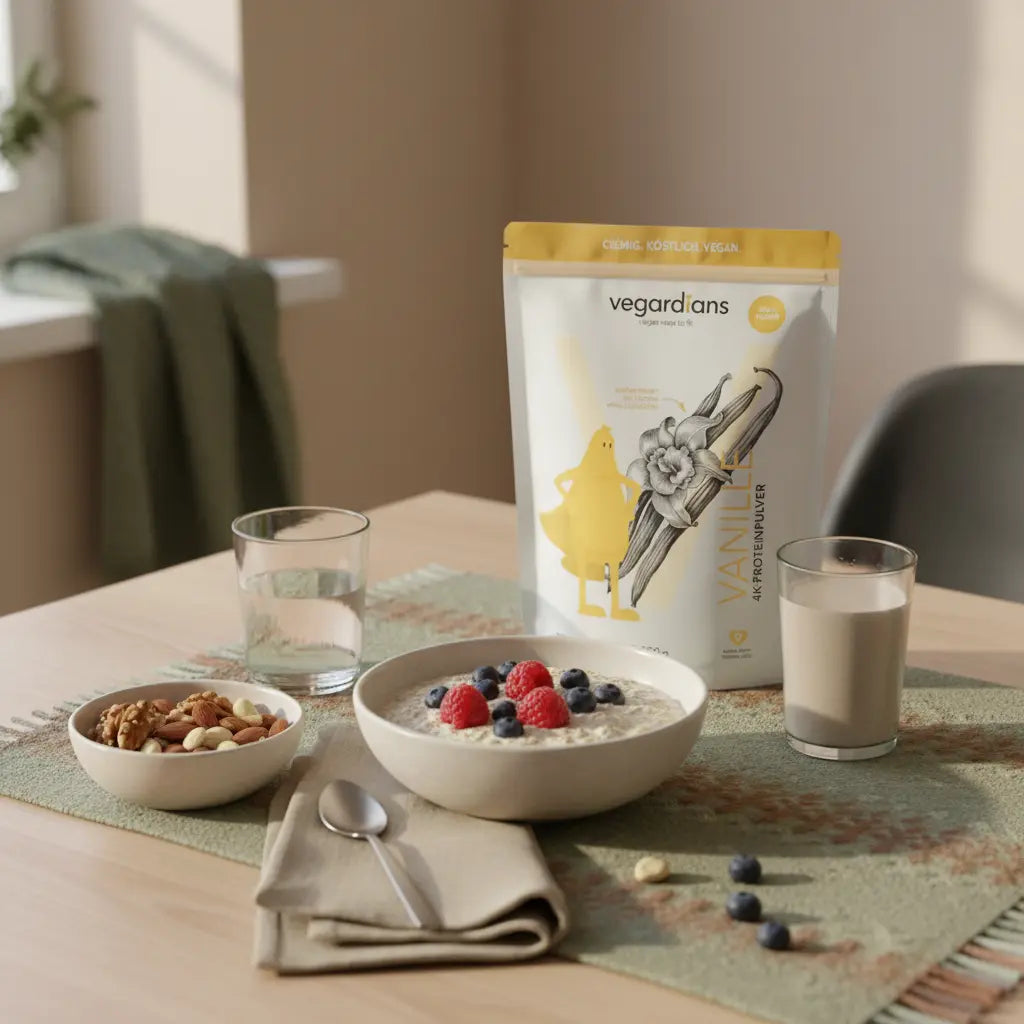 Minimalistische Frühstücksszene mit Haferbrei, Beeren, Nüssen, pflanzlichem Shake und Vegardians-Produkt auf Holztisch, ruhige Morgenstimmung, sichtbar abnehmen 6 wochen
