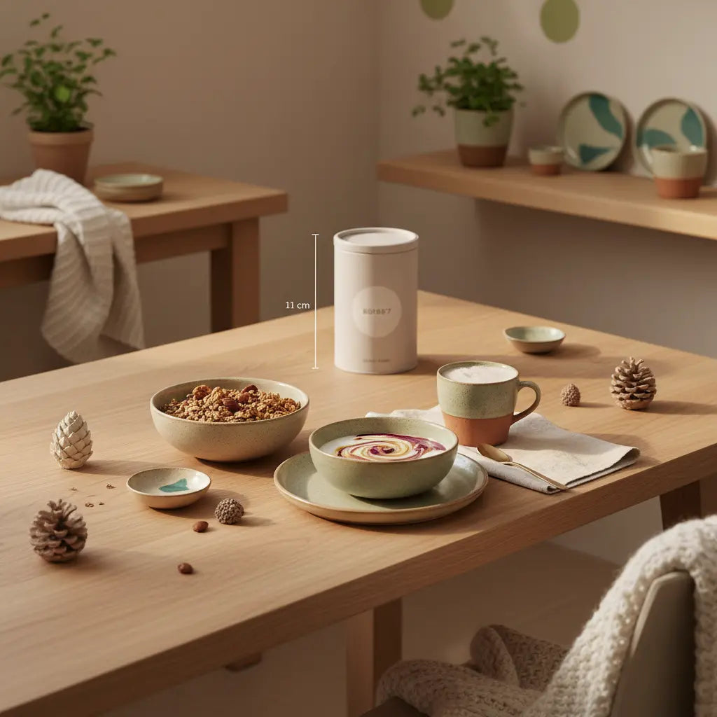 Minimalistisches Frühstück mit Granola, Pflanzenjoghurt, Nüssen und Shake auf nachhaltigem Holztisch im Morgenlicht – unterstützt sichtbaren Muskelaufbau (sichtbarer Muskelaufbau).