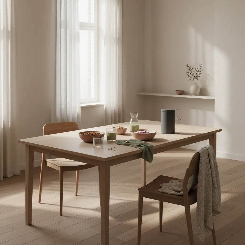 Veganes, minimalistisches Frühstück mit Granola, pflanzlichem Joghurt, Nüssen und Shake in einer europäischen Küche auf nachhaltigem Tisch; Fokus auf Produkt aus Referenzfotos, silvester vorbereitung tipps