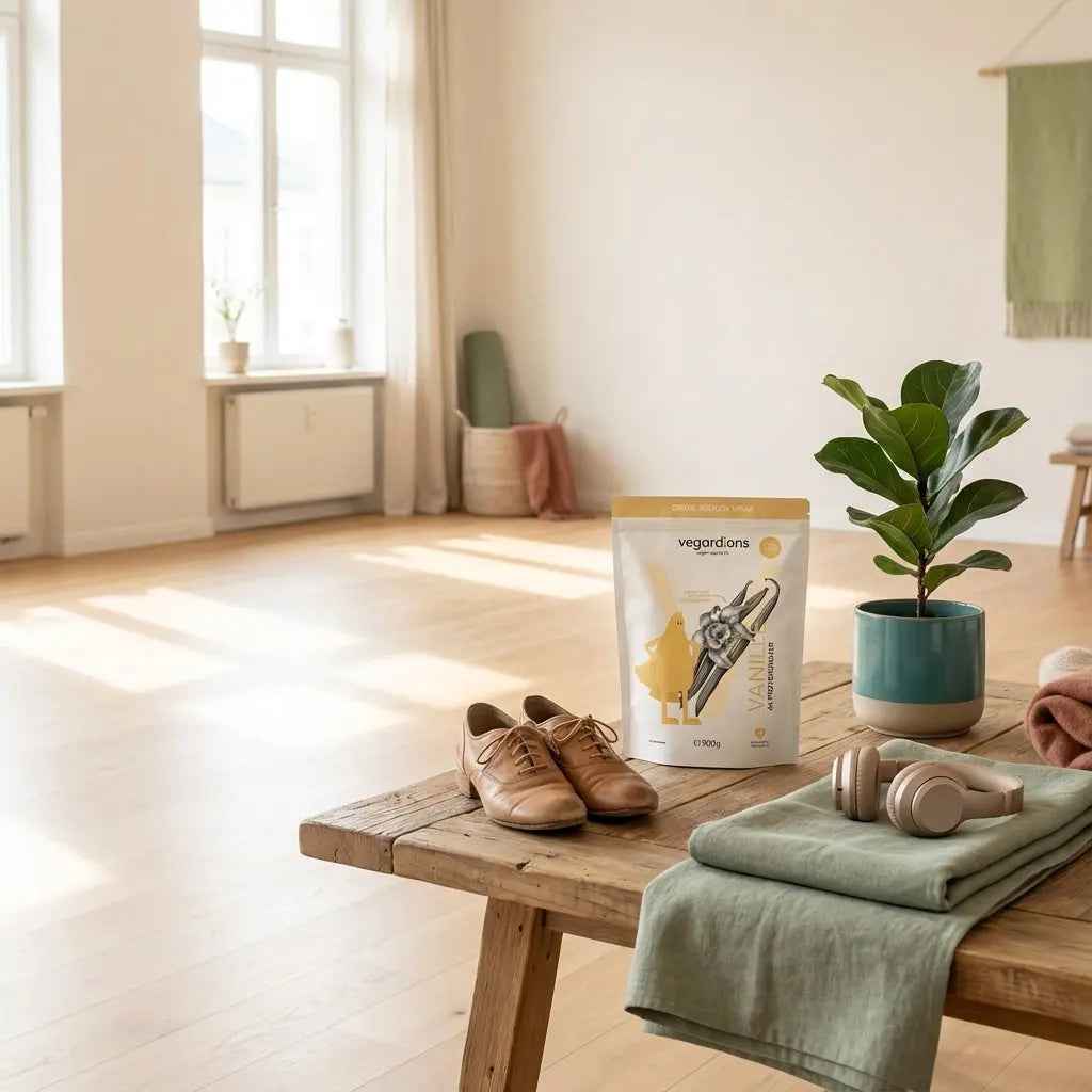 Sind Dance Workouts effektiv? Heller minimaler Wohnraum mit Tanzboden, Tanzschuhen, Kopfhörern, Pflanze und gefalteter Yogamatte im Morgenlicht, minimalistisch.