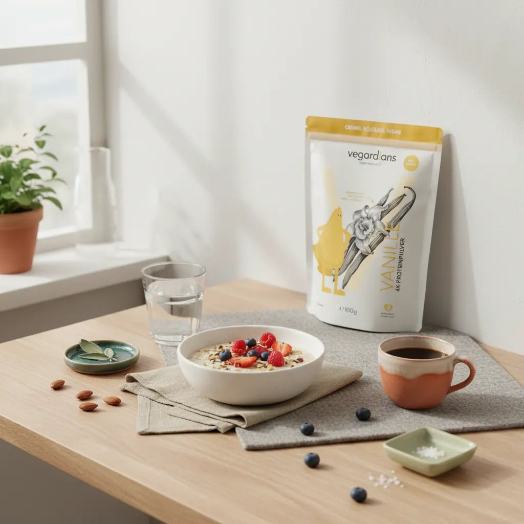 Minimalistische Frühstücksszene mit Haferflocken, Nüssen, Beeren, klarem Wasserglas und Keramikschale auf nachhaltigem Holztisch – snacks die das fasten nicht brechen 16/8