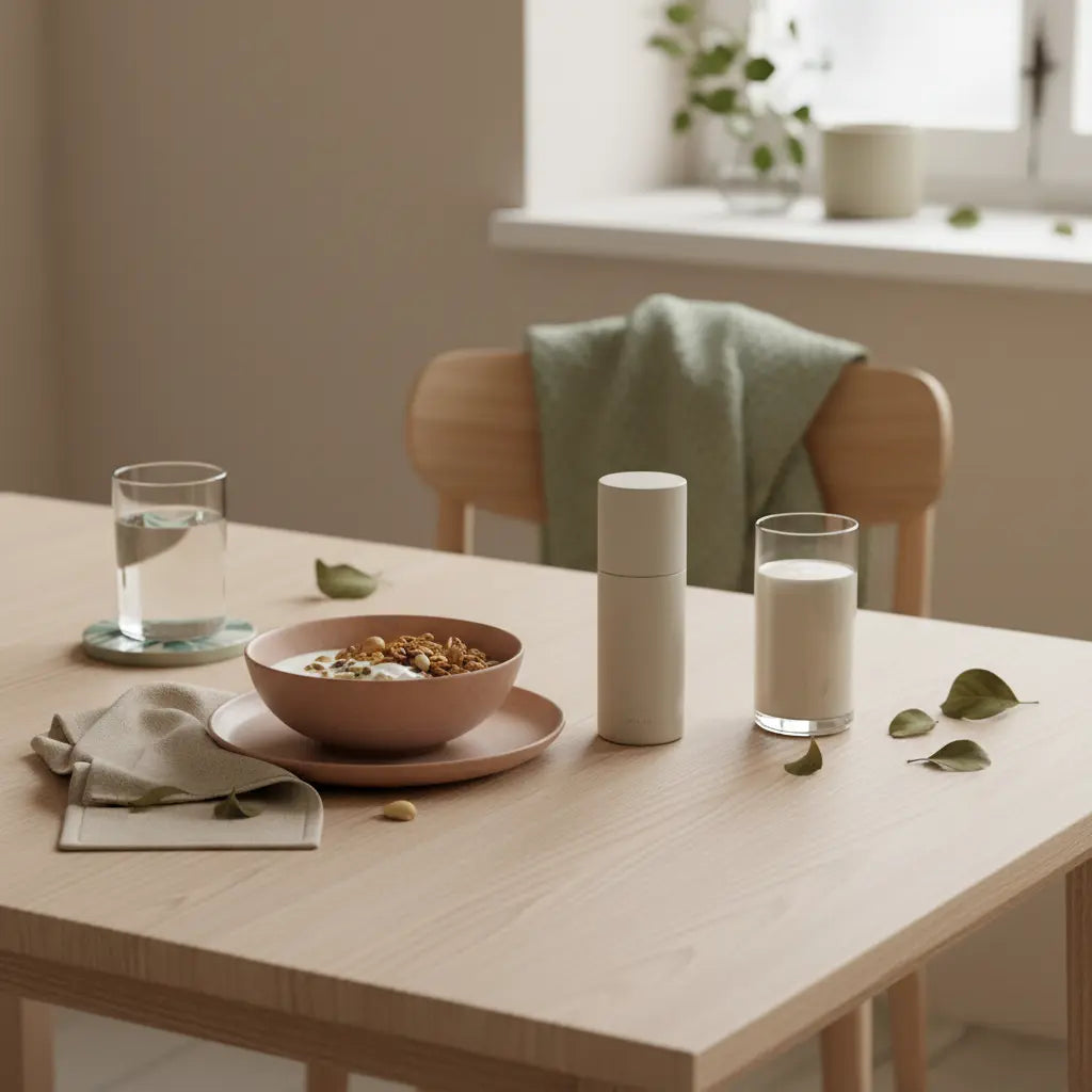 Minimalistisches Frühstück in europäischer Küche mit veganem Müsli, Shake und dem Produkt aus Referenzfotos — ruhige, nährende Szene für Sport für Anfängerinnen.