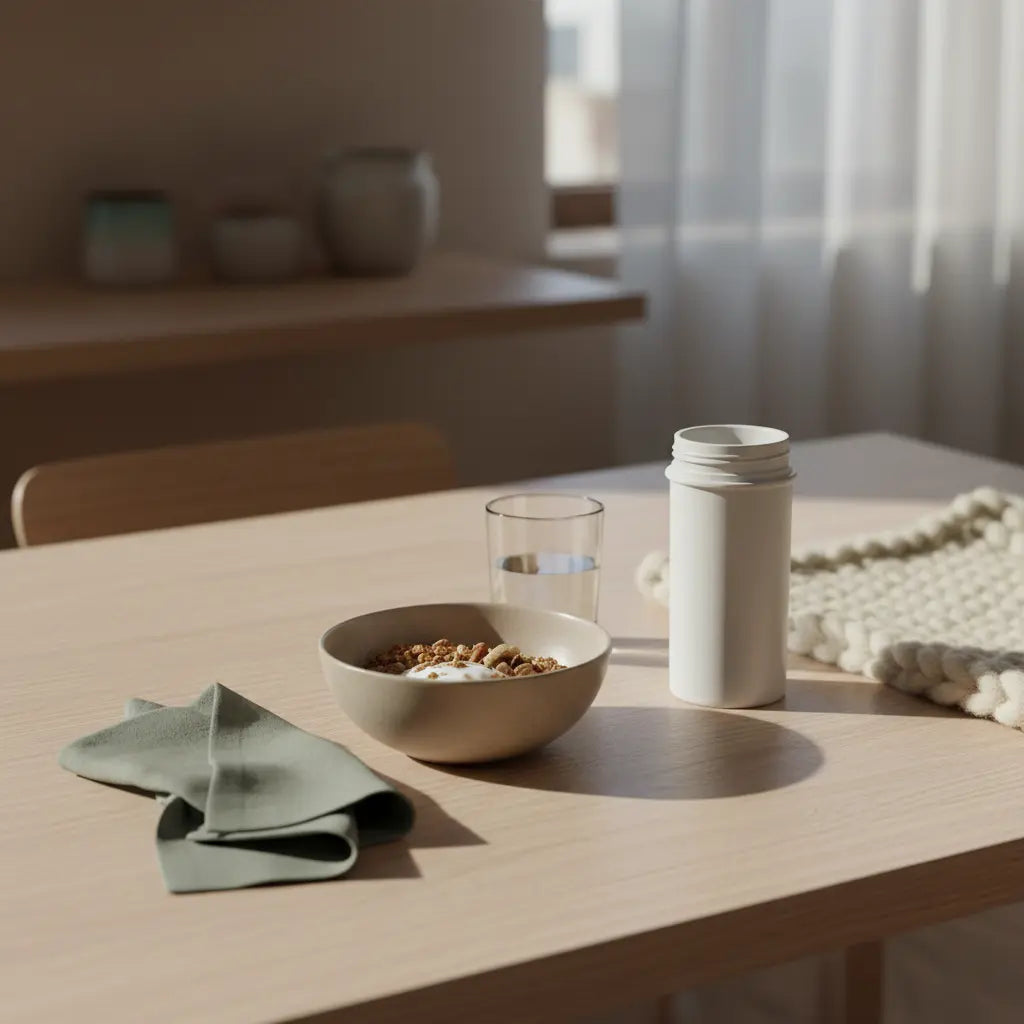 Sportmotivation zuhause: Minimalistisches Vegardians-Frühstück mit Granola, Joghurt, Nüssen und Shake auf nachhaltigem Tisch im sanften Morgenlicht