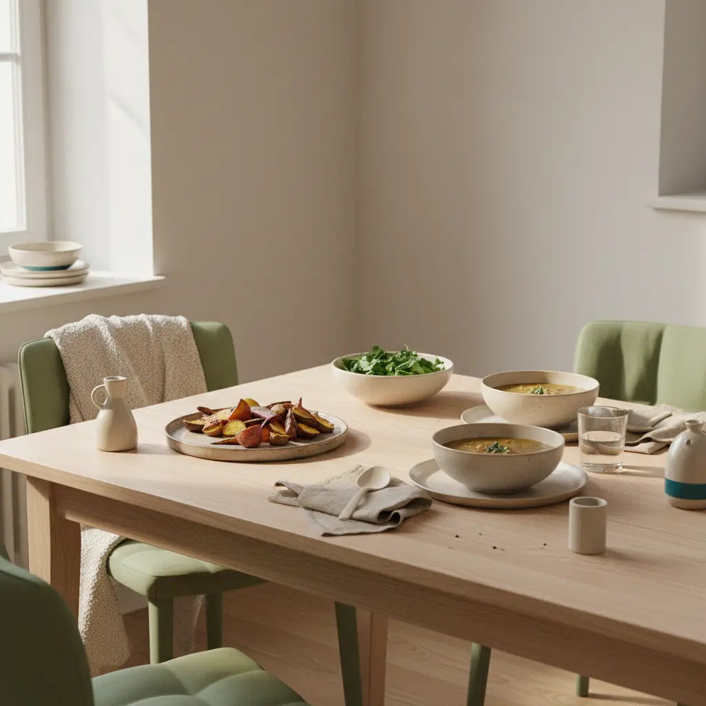 Gemütliche europäische Küche mit gedecktem Tisch, veganer Linsensuppe, Ofengemüse und frischen Salaten, dezente Wintertexturen und ruhige, nährende Stimmung – stille depression