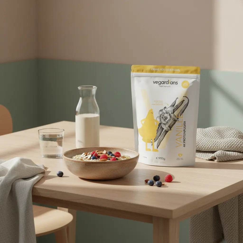 Veganer Frühstückstisch mit Porridge, Nüssen, Beeren, klarem Wasserglas und Shake in Flasche in europäischer Küche bei Morgenlicht – Stoffwechsel ankurbeln.