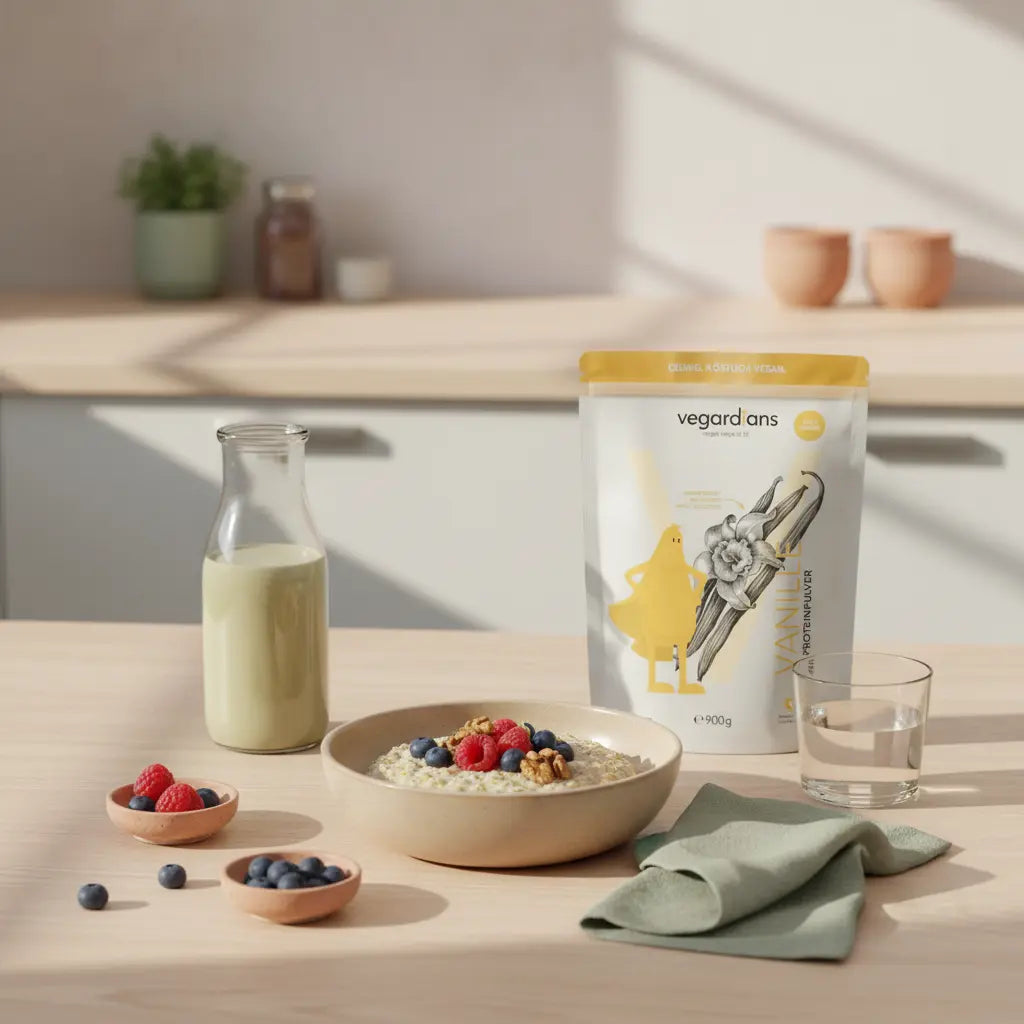 Minimalistische Morgenaufnahme eines nachhaltigen Holztisches mit veganem Haferporridge, Beeren, Nüssen und Proteinshake; Produkt aus Referenzfotos sichtbar — Stoffwechsel-Diät