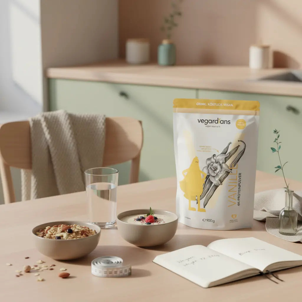 Minimalistischer Frühstückstisch in heller Küche mit Müsli, veganem Shake, Glas Wasser, Maßband und Notizheft – Taillenumfang reduzieren durch bewusste Ernährung